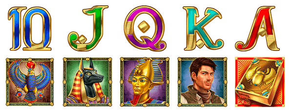 Symbols-(10,-J,-Q,-K-y-A,-águila-Osiris,-Anubis,-Faraón,-Rich-Wilde,-Libro-de-los-Muertos